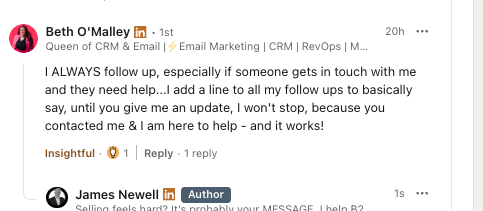 Linkedin like post by beth omalley about following up with clients and offering help mentioning crm and email marketing rules