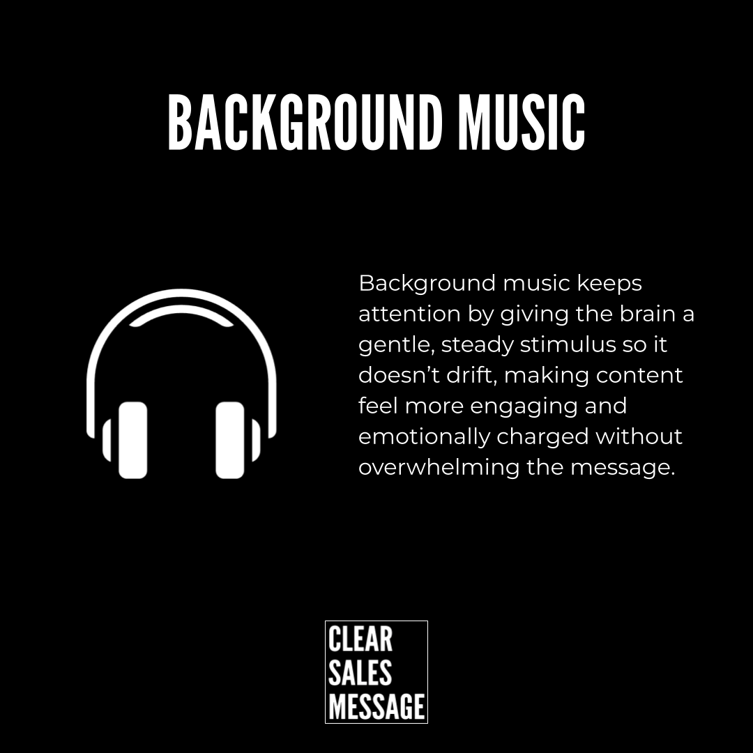 Black poster with a large background music headline a white headphone icon on the left a paragraph about background music and a clear sales message logo at the bottom