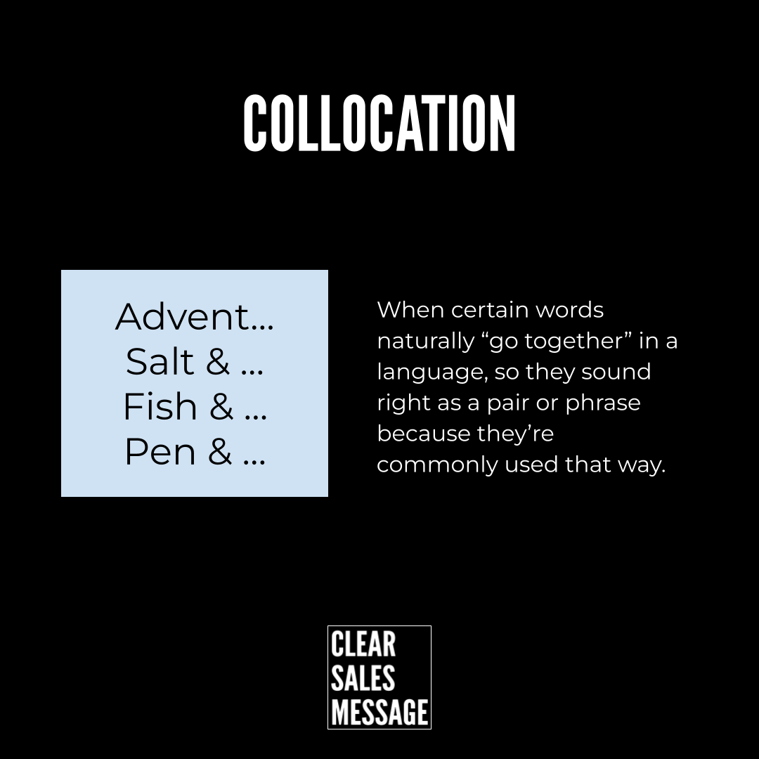 Collocation header with examples advent  salt   fish   pen   plus a paragraph explaining words that naturally pair logo bottom clear sales message