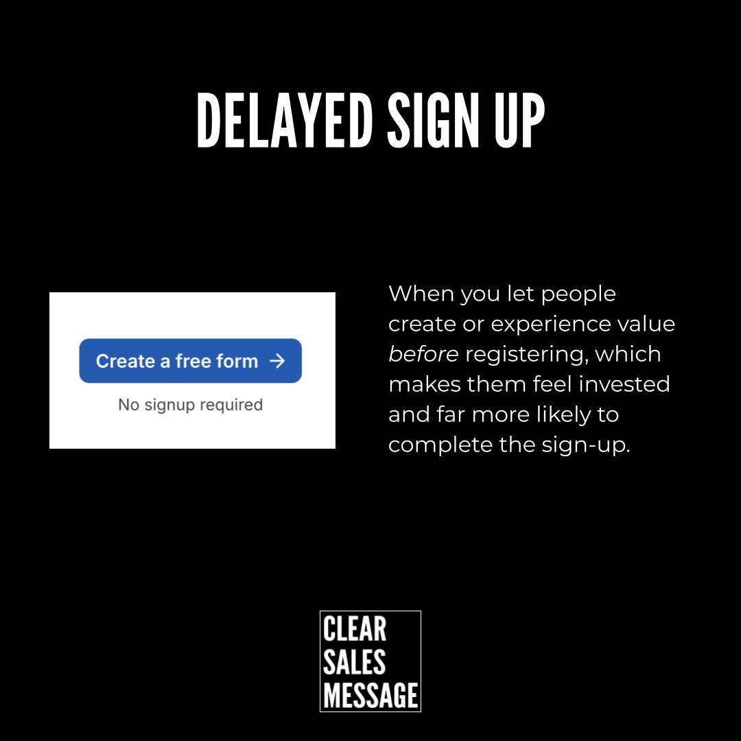Hero banner with the heading delayed sign up and a left card showing a blue create a free form button and no signup required text right side has explanatory paragraph bottom shows clear sales message logo