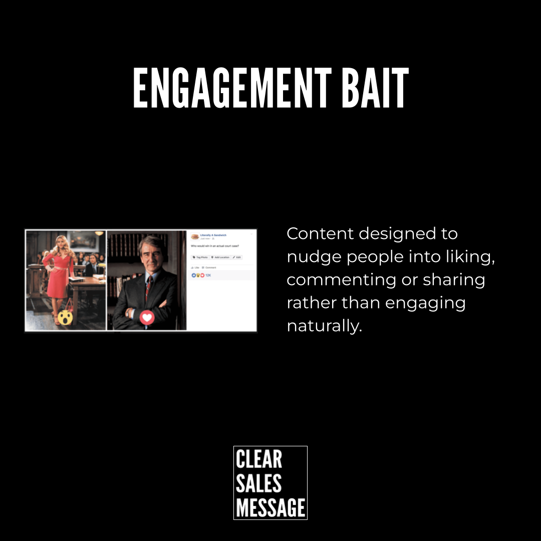 Slide about engagement bait with a left collage image and right descriptive text bottom shows clear sales message logo on black background