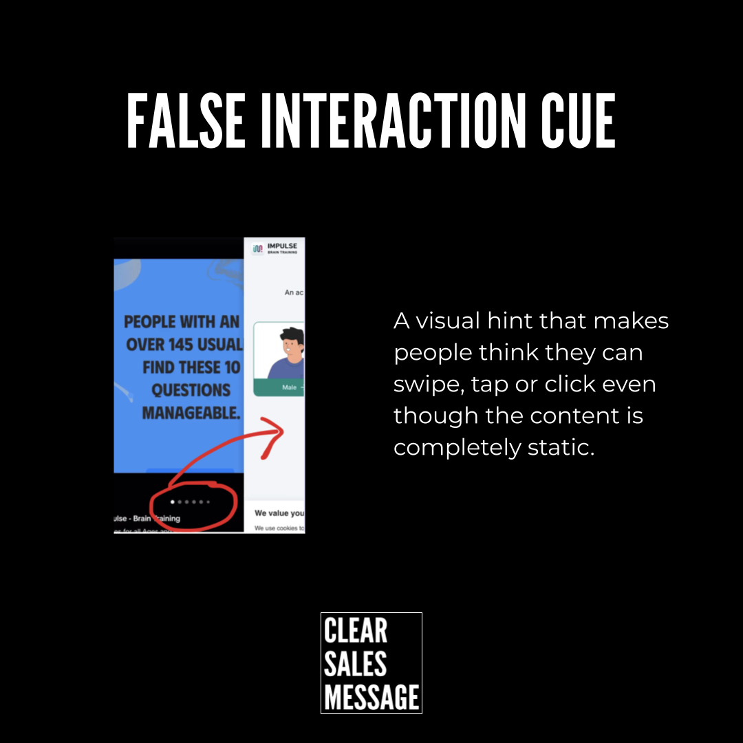 False interaction cue Slide titled false interaction cue with a left blue mockup showing an arrow to a circled area and right side explanatory text bottom clear sales message logo