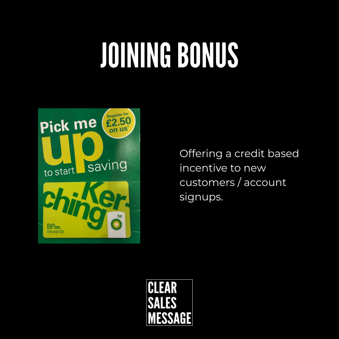 Joining bonus Black marketing slide with the headline joining bonus left shows a green bp rewards poster pick me up to start saving with a bp card right explains a credit based incentive for new customer signups bottom shows clear sales message logo