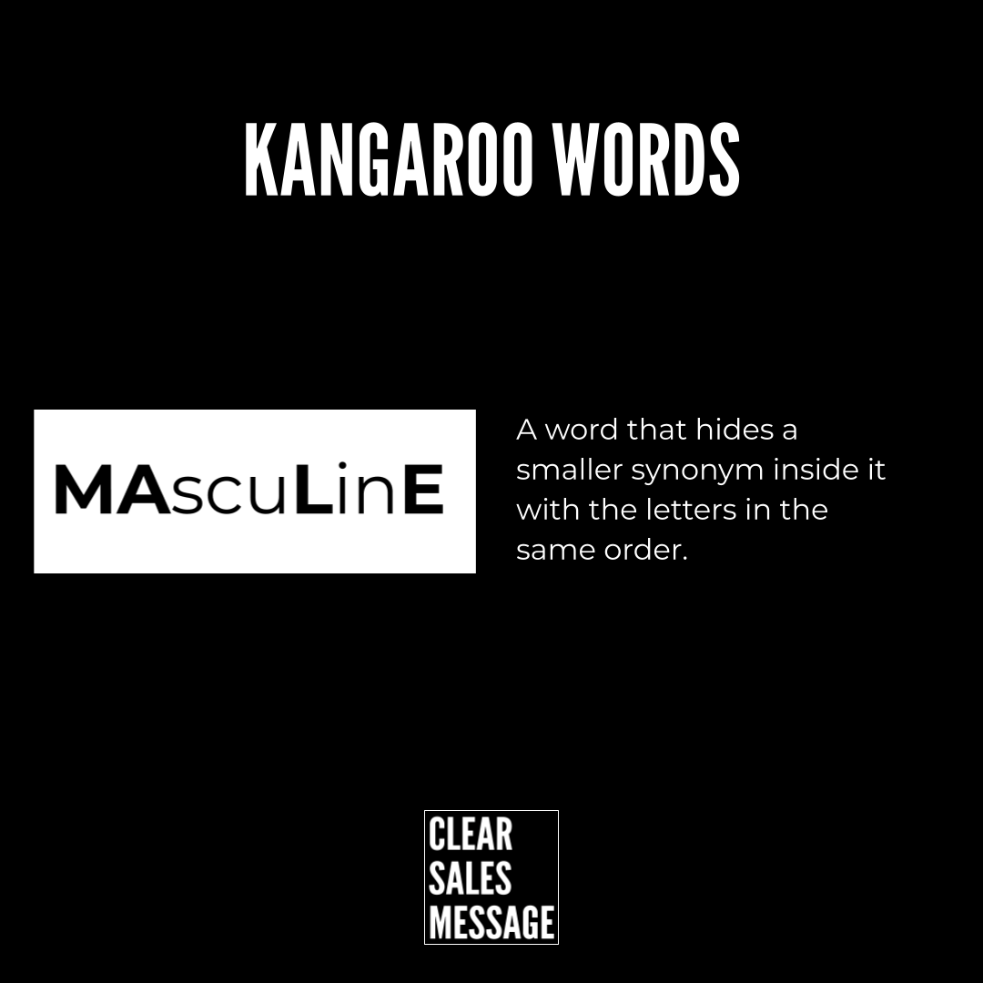 Black infographic about kangaroo words title kangaroo words left white masculine logo right side definition bottom clear sales message badge