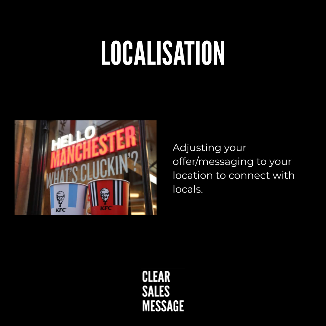 Localization slide with a photo of kfc cups in a storefront showing hello manchester and a right side message about tailoring offers to locals clear sales message logo at bottom
