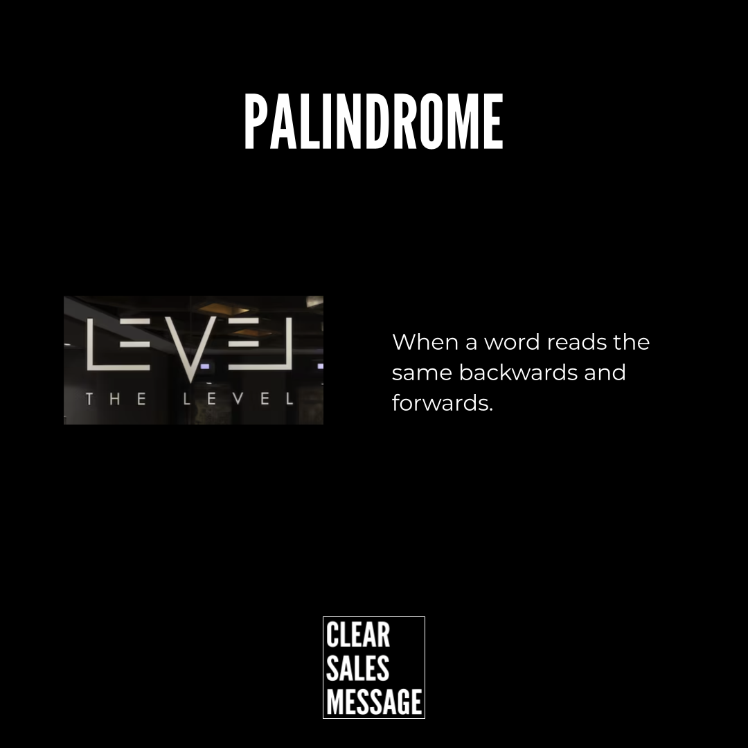 Palindrome Black hero banner with the word palindrome in bold white at top a small image of level on the left and the line when a word reads the same backwards and forwards on the right plus the clear sales message logo bottom center