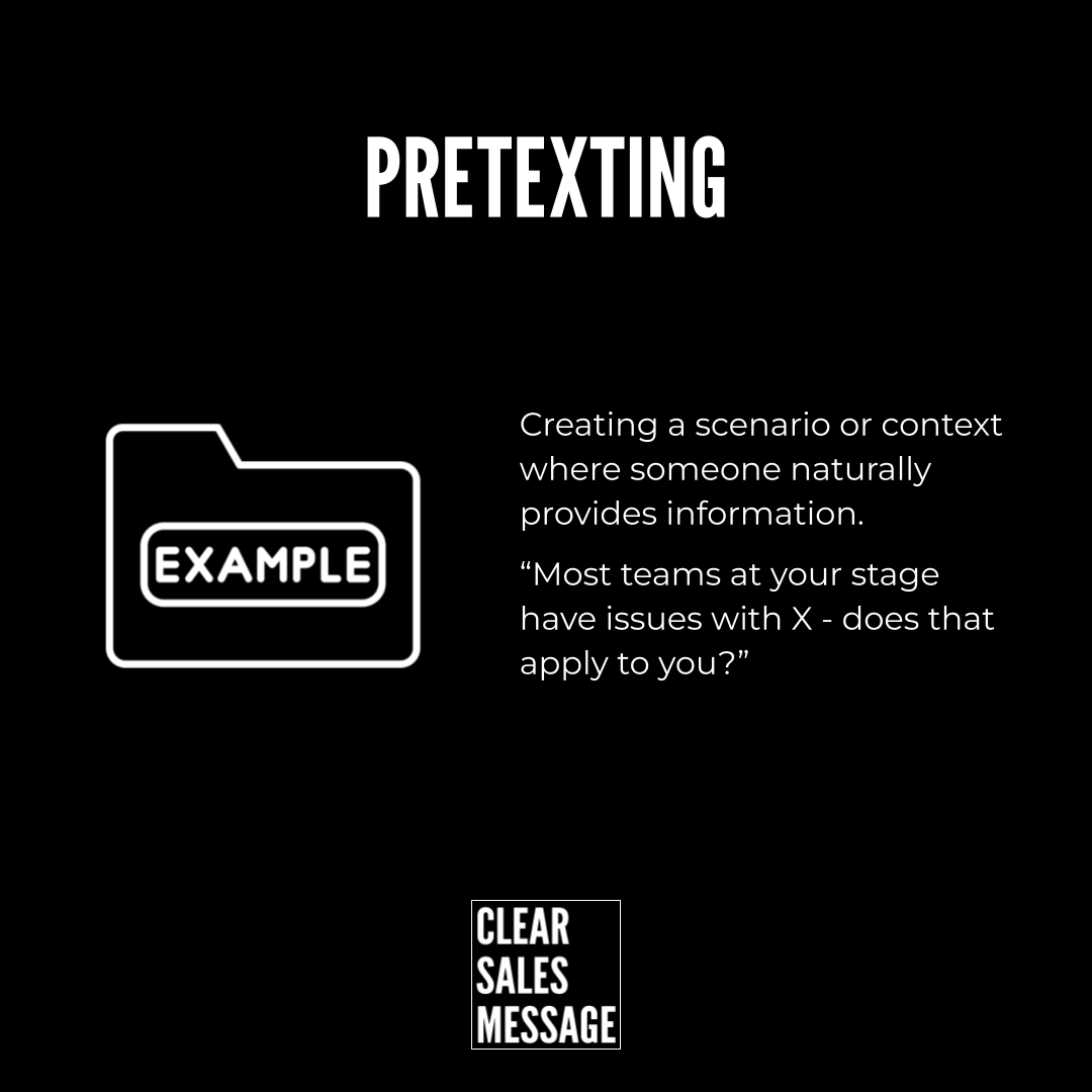 Black slide about pretexting bold pretexting left white folder icon labeled example right explanatory text and a small clear sales message logo at the bottom center