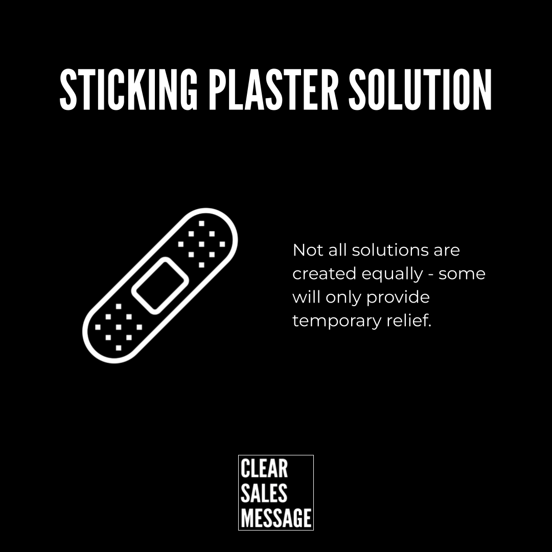 Promotional graphic about a sticking plaster solution with a bandaid icon and a message about lasting relief clear sales message branding