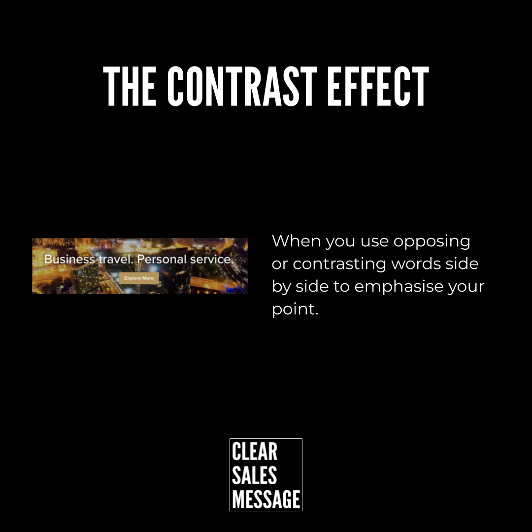 The contrast effect Slide titled the contrast effect on black background with a left ad image and right explanatory text bottom clear sales message logo