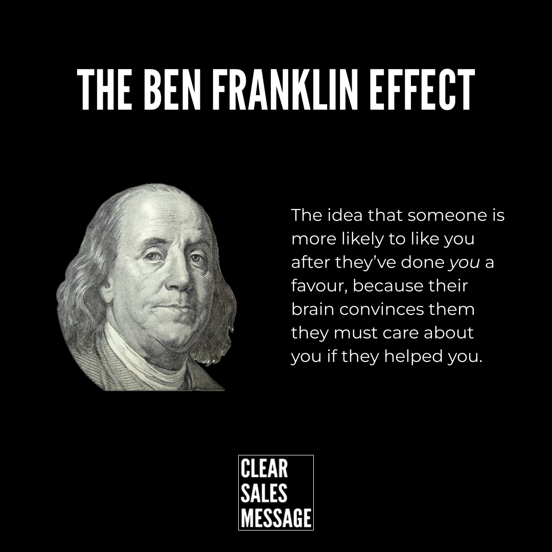 Black poster with the words the ben franklin effect at the top an engraved portrait of a man on the left and a paragraph of text on the right explaining the idea about liking someone who helped you