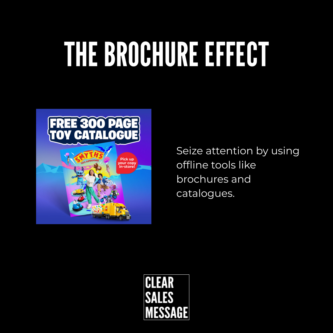 The brochure effect Hero section with black background large the brochure effect title left colorful toy catalogue image right supporting text about brochures bottom clear sales message logo