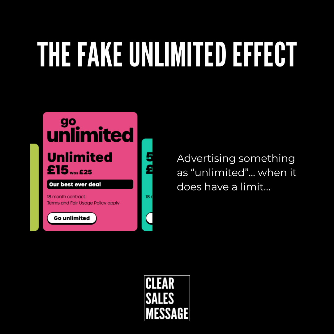 Black ad panel debunking unlimited offers with bold headline the fake unlimited effect and a pink unlimited plan card next to a teal card plus explanatory text on the right and a clear sales message box below