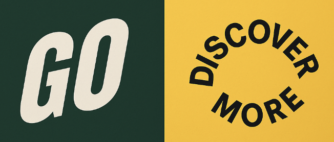 Split cta banner left dark green panel with bold go right yellow panel with curved black text discover more inviting action