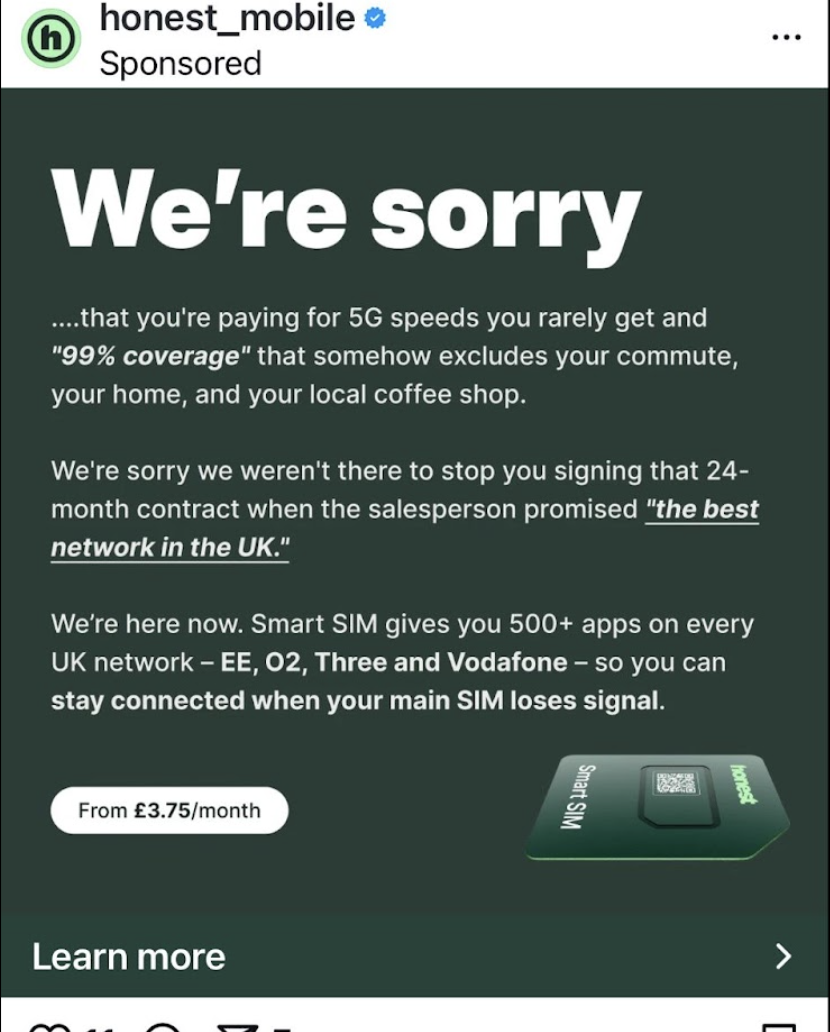 Screenshot 2025 11 01 at 07 41 06 Sponsored ad were sorry about 5g speeds explains smart sim offers 500+ apps across uk networks shows a green smart sim image and a from £3 75month badge