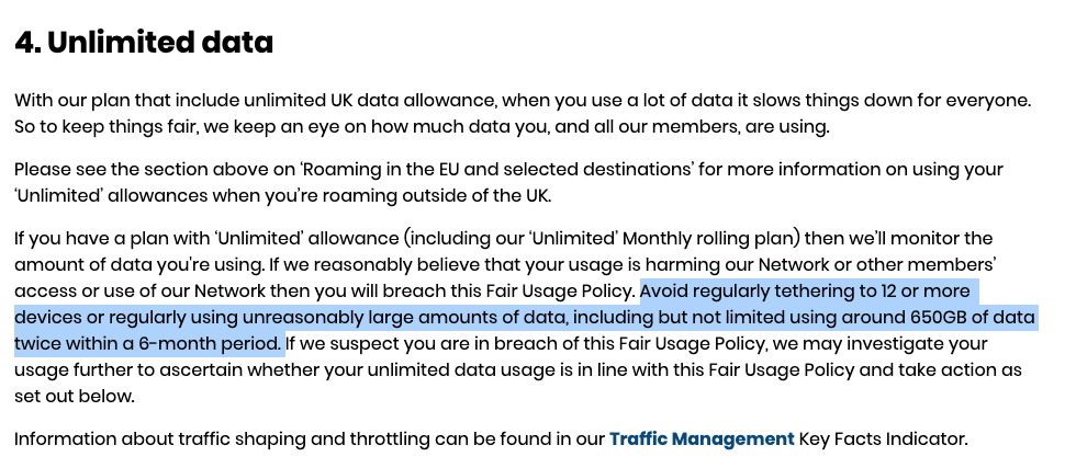 Section heading 4 Unlimited data with policy text about fair use and limits including a 650gb cap and restrictions on tethering to 12+ devices