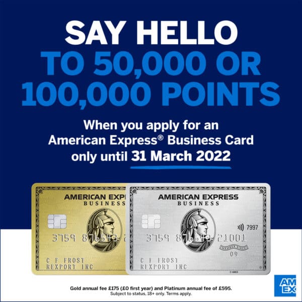 Amex 23 feb 600x600 Promo banner for american express business card 50000 or 100000 points offer valid until 31 march 2022 with gold and silver cards shown