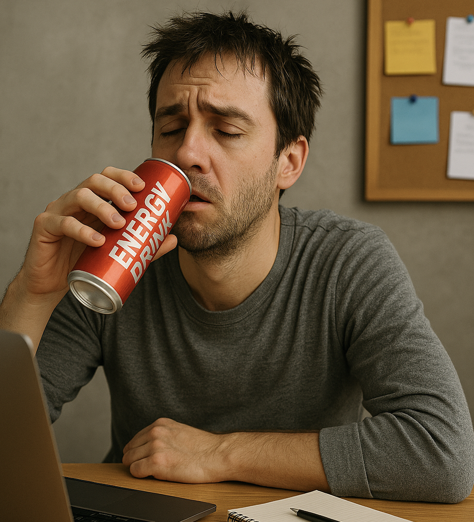 Man in a gray shirt sips a red energy drink at a desk with a laptop nearby