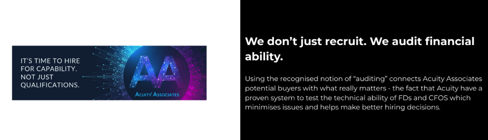 Banner with acuity associates logo and slogan its time to hire for capability not just qualifications beside a panel we dont just recruit We audit financial ability