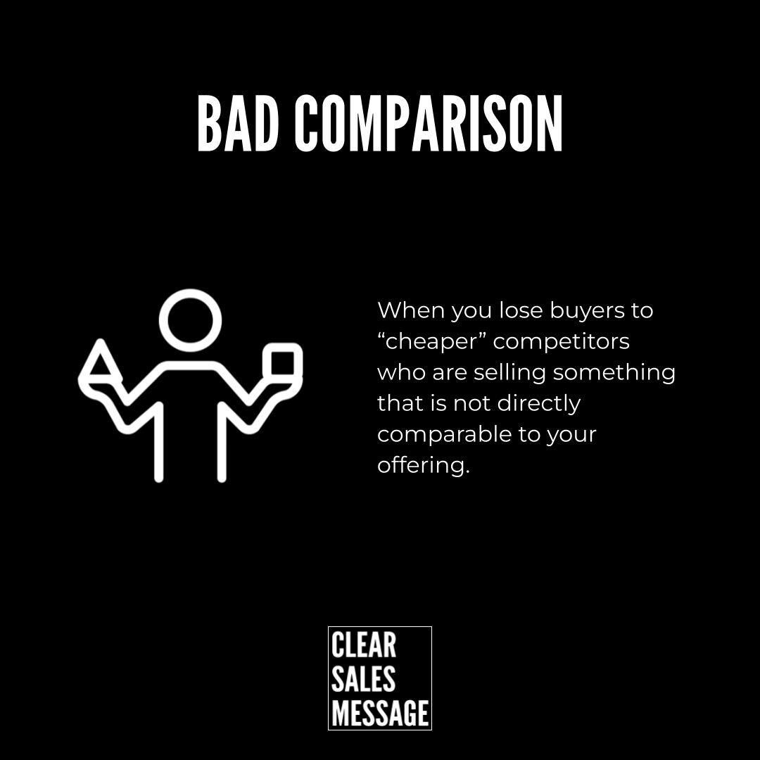 Bad comparison text and icon on a black background paired with a message about losing buyers to cheaper not directly comparable competitors brand at bottom