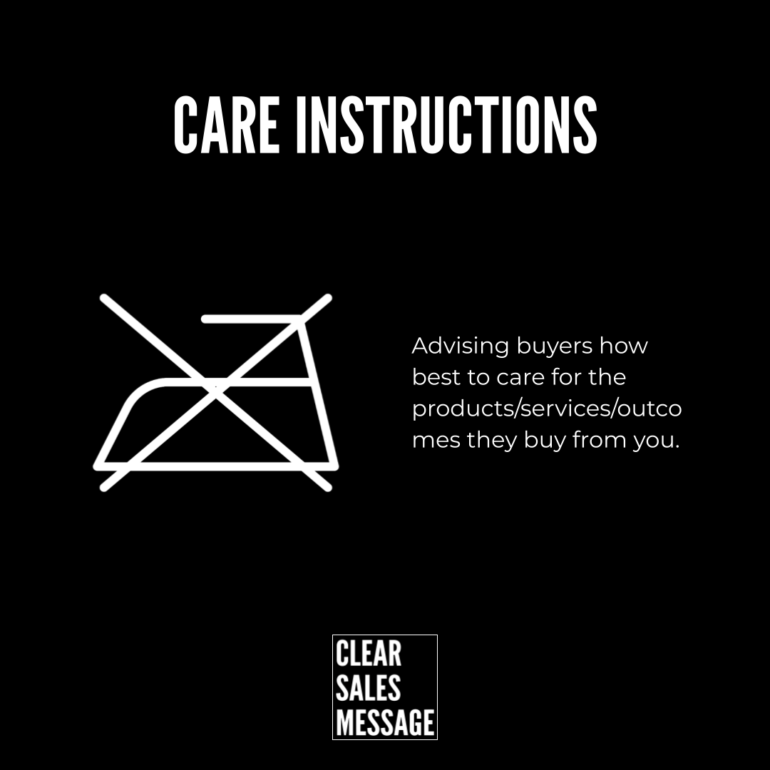 Black hero banner with large care instructions left shows a crossed out minimalist ironingboard icon right a paragraph about advising buyers how to care for products small clear sales message logo at bottom center