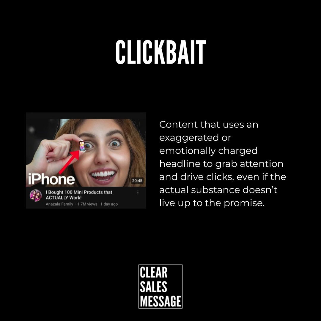 Black page layout showing clickbait at top a left video thumbnail of a excited woman holding a phone toward her eye and on the right paragraph about exaggerated headlines bottom shows clear sales message logo