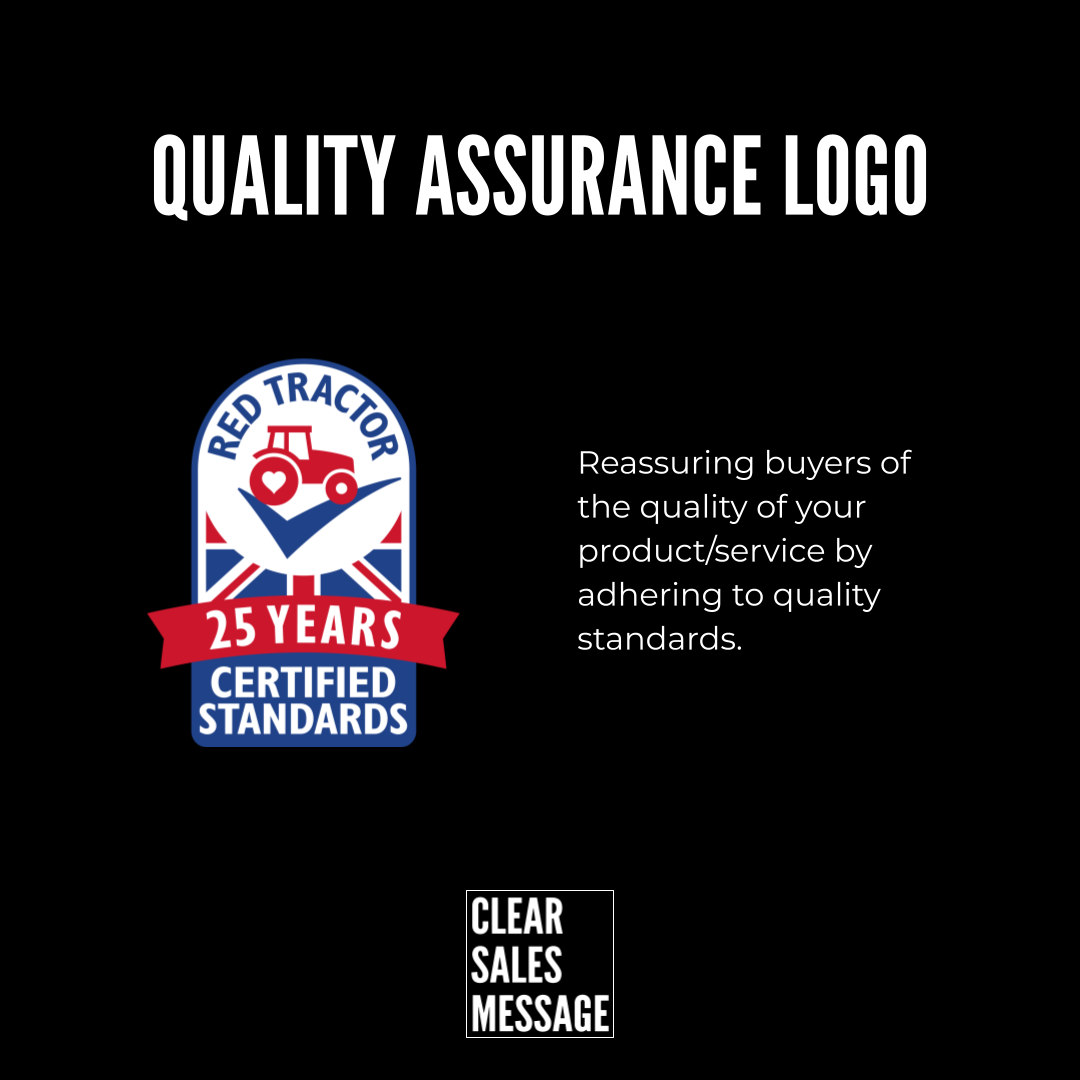 Black background hero with the title quality assurance logo a red tractor 25 years certified standards badge on the left descriptive text on the right and a bottom clear sales message logo at center