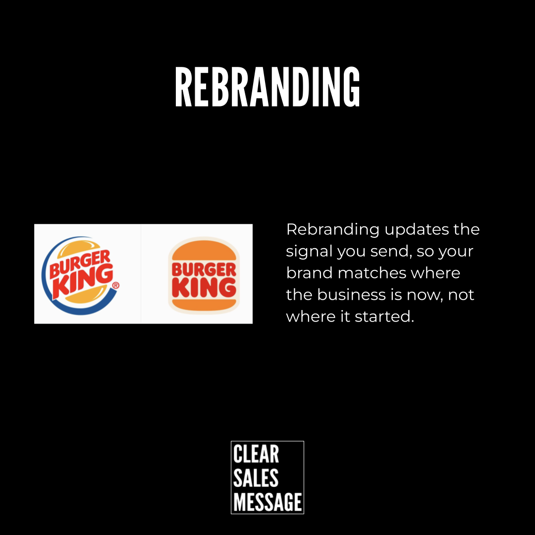 Rebranding Big black slide with rebranding title burger king logo pair on left and explanatory text on right about rebranding updating brand signals bottom clear sales message logo