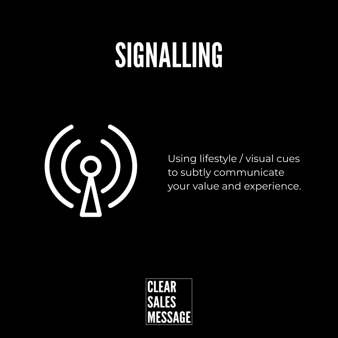 Graphic titled signalling showing a white antennaradio wave icon and the line about using lifestyle cues to subtly communicate value with a clear sales message logo below black background
