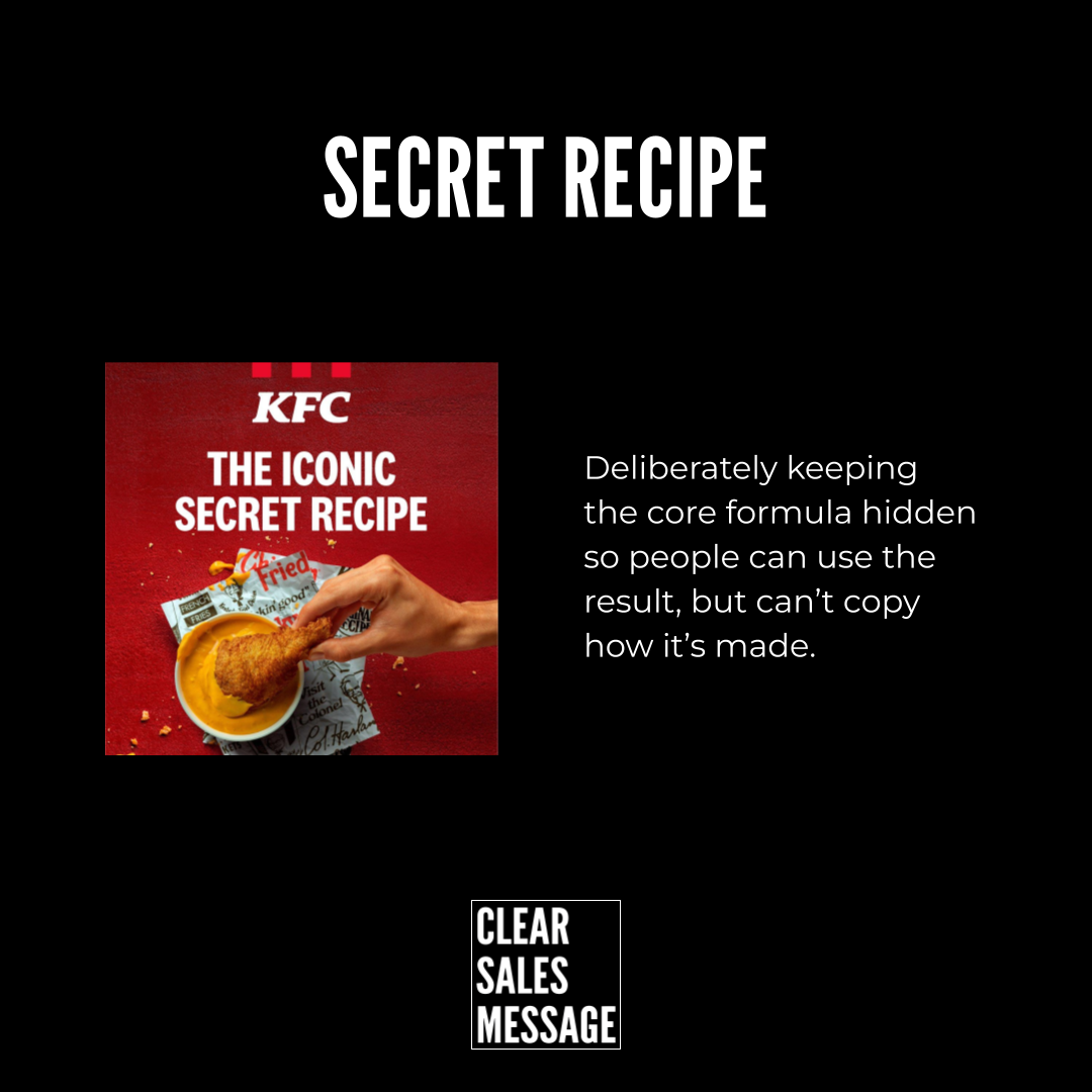 Black hero section with large secret recipe title left shows kfc book cover with fried chicken right side explains keeping the formula hidden bottom clear sales message logo