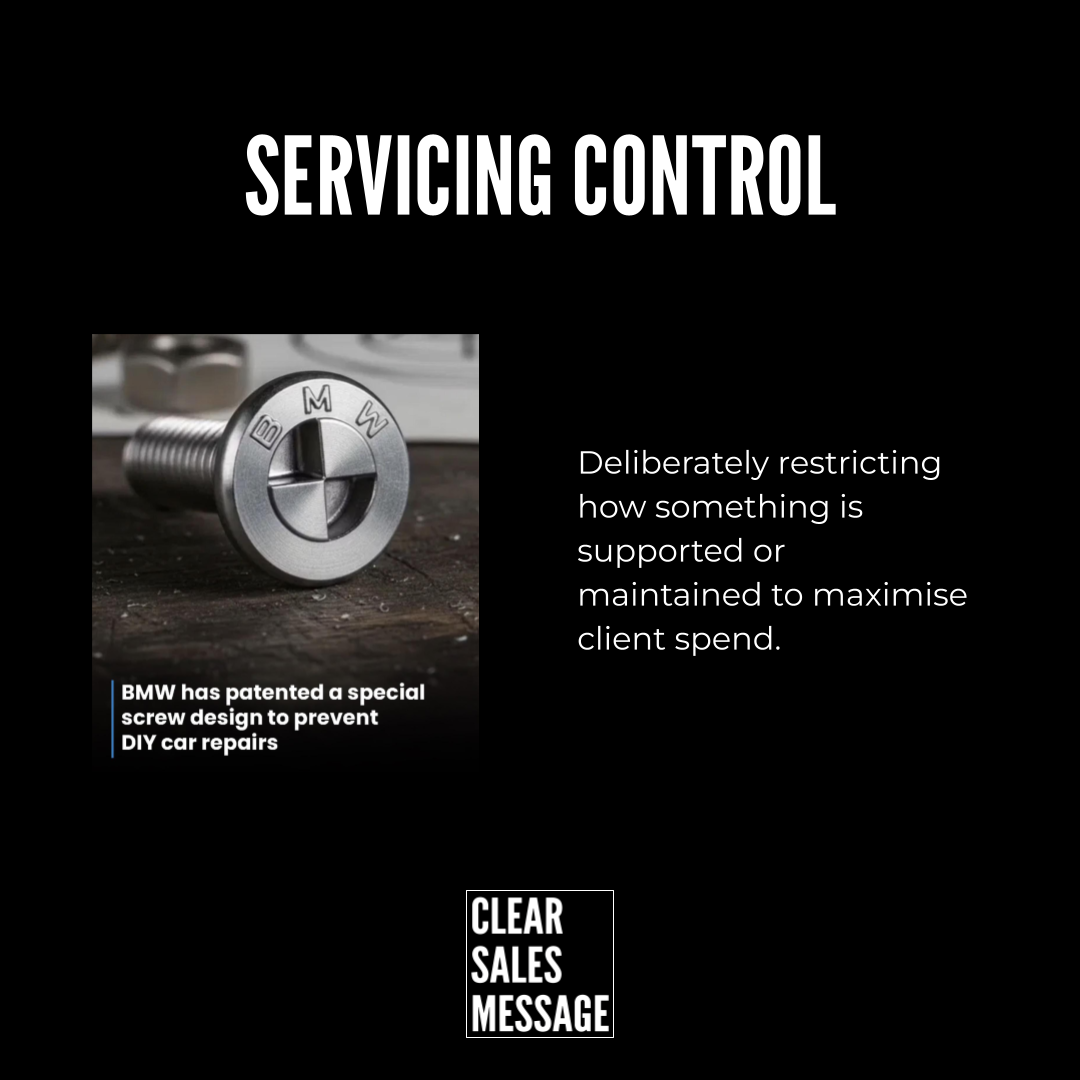 Slide titled servicing control with a close up of a bmw screw on the left and a text block on the right about restrictive maintenance to maximize client spend clear sales message logo below