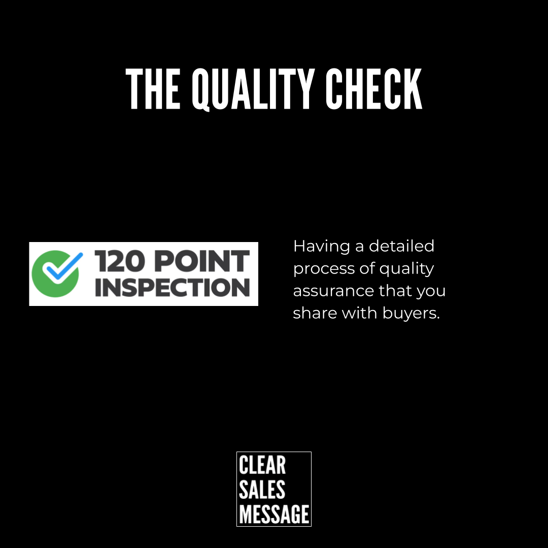Black slide with the title the quality check left side shows the 120 point inspection logo right side text about sharing a detailed qa process with buyers bottom small clear sales message logo