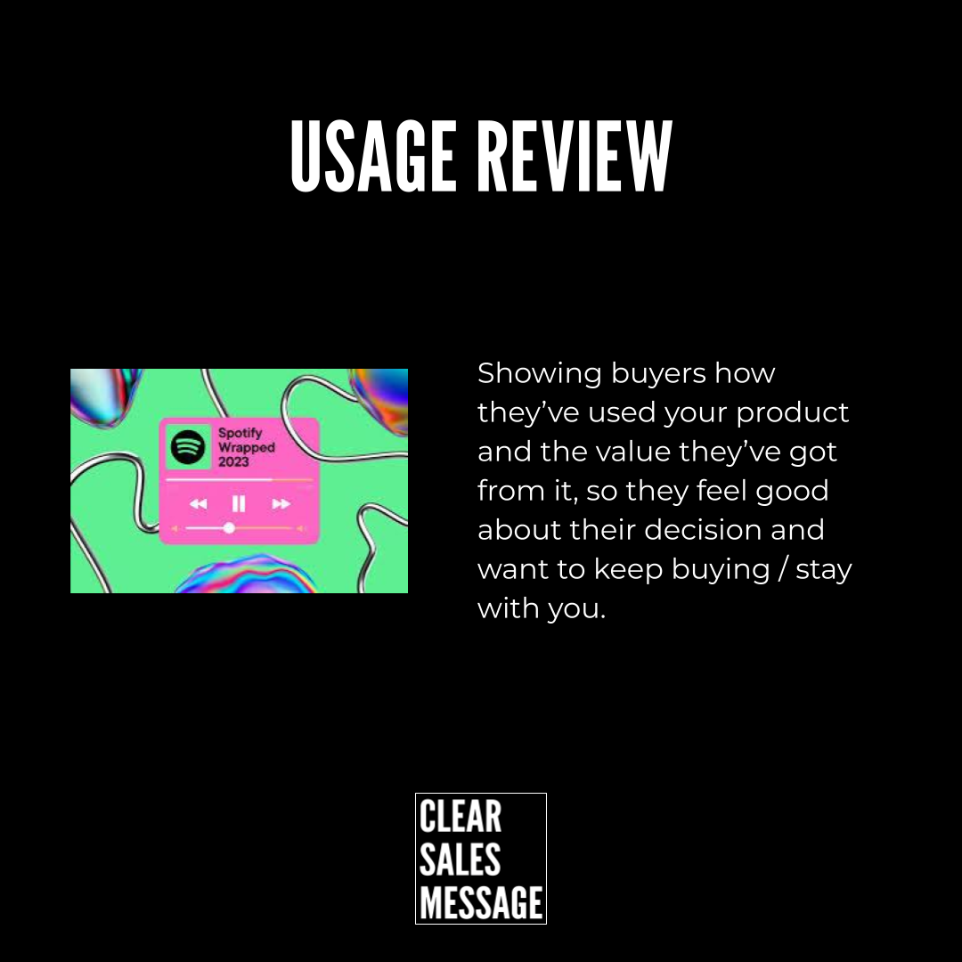 Usage review Hero section titled usage review with a left colorful spotify wrapped graphic a right paragraph about showing buyers how theyve used your product and a clear sales message logo below