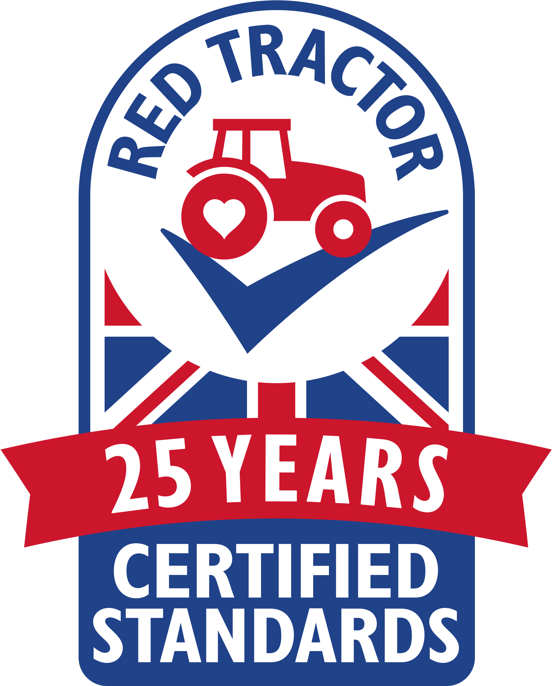 Red tractor quality assurance logo marking 25 years of certified standards