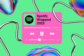 Download Pink spotify wrapped 2023 player card with playpause controls on a bright green background with wavy metallic tubes nearby