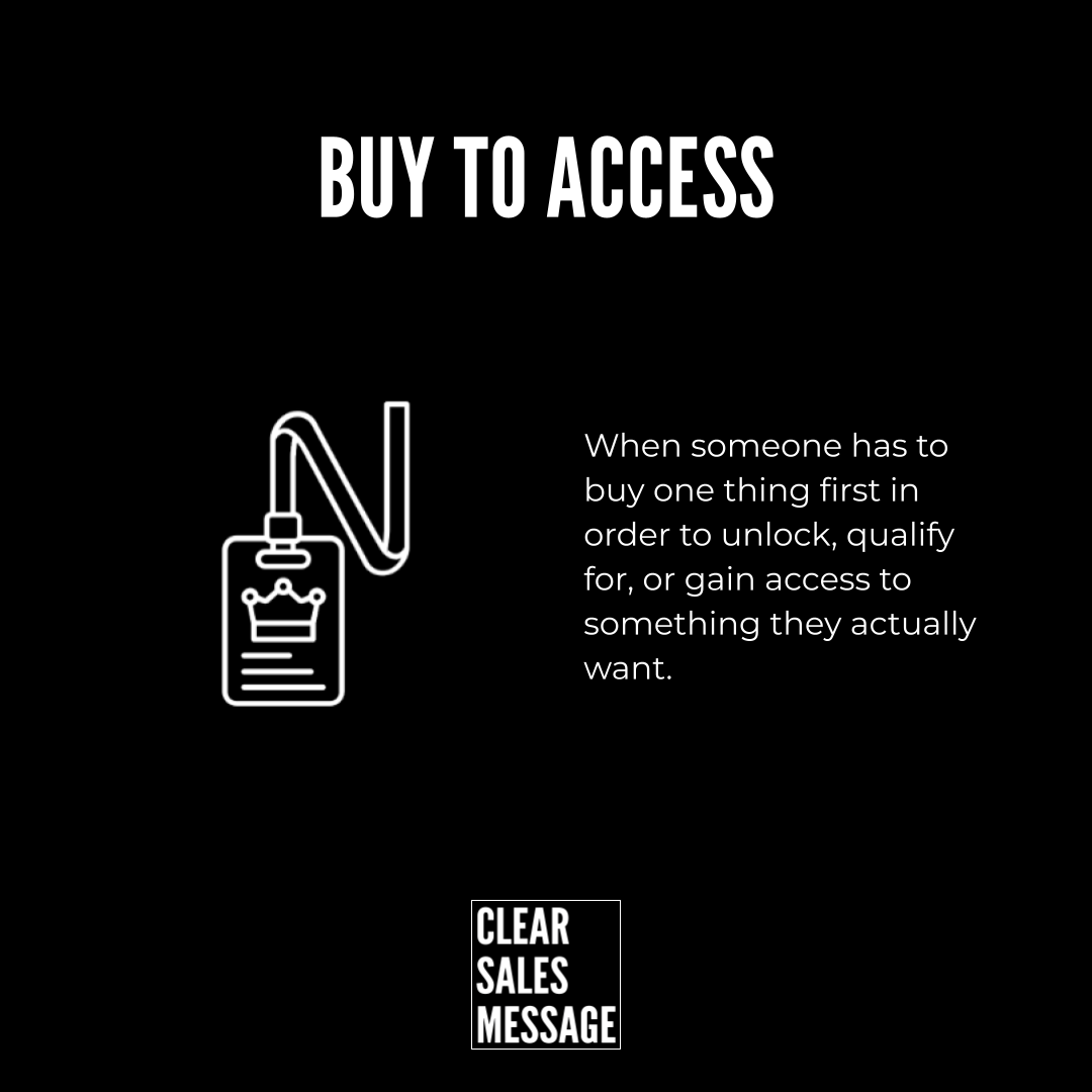 Buy to access Black graphic with a buy to access headline a white outlined badge on the left descriptive text on the right about buying to unlock access and a small clear sales message logo at the bottom