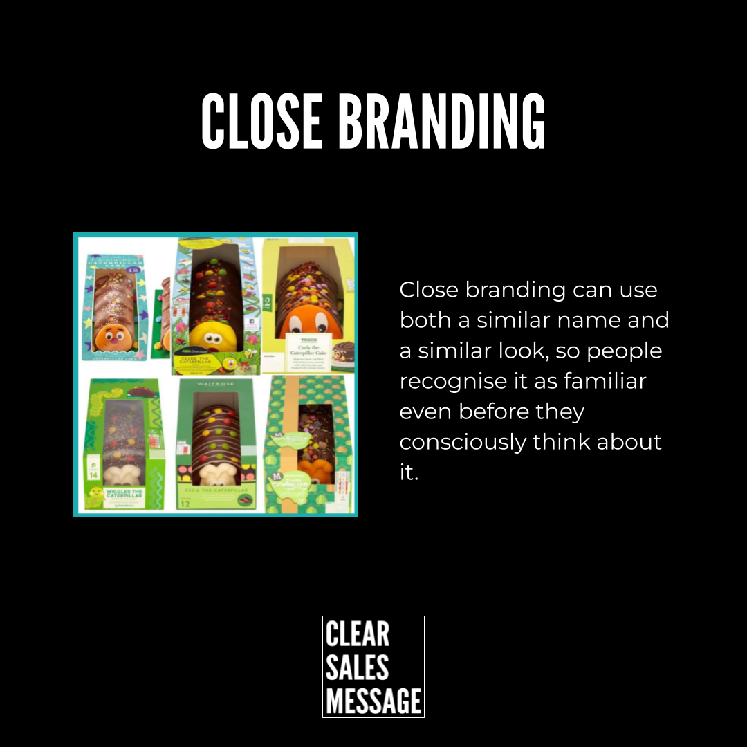 Close branding slide left collage of egg shaped product packaging right block of text about using familiar names and visuals bottom clear sales message logo
