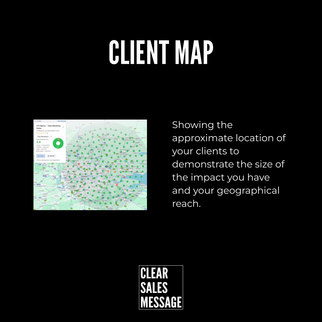 Hero section client map on black background left map with green markers showing client locations right explanatory text about geographic reach bottom clear sales message logo