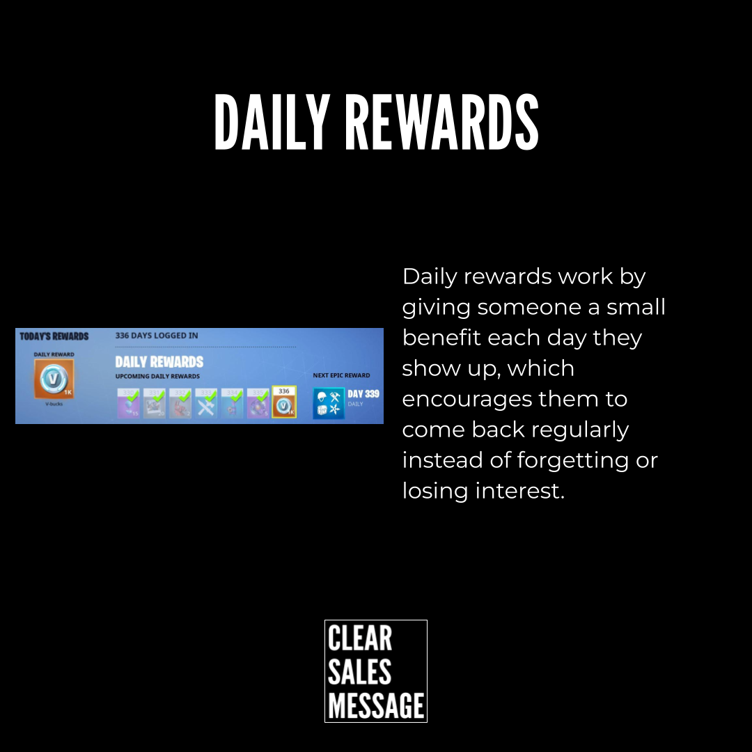 Bold daily rewards header on black background with a descriptive paragraph about daily rewards small blue rewards ui image and clear sales message logo