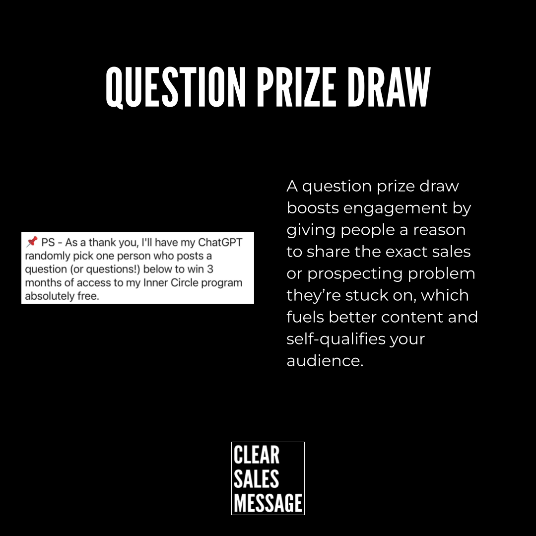 Black slide with the title question prize draw left shows a small post text about picking a winner right explains engagement through a question prize draw bottom center shows a clear sales message logo