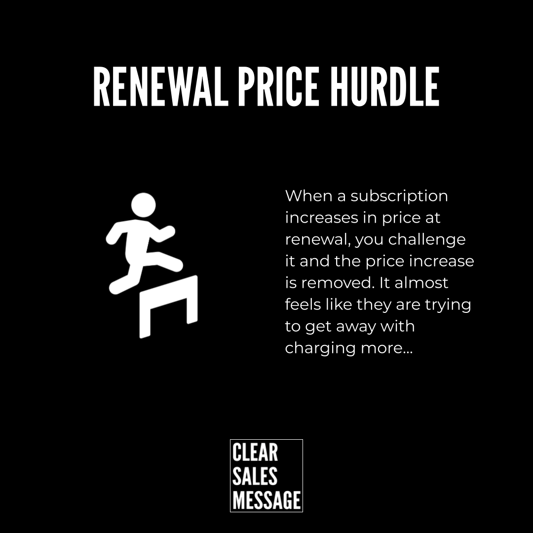 Infographic black background with the title renewal price hurdle a white stick figure jumping a hurdle on the left and priceincrease text on the right with a small clear sales message logo at the bottom
