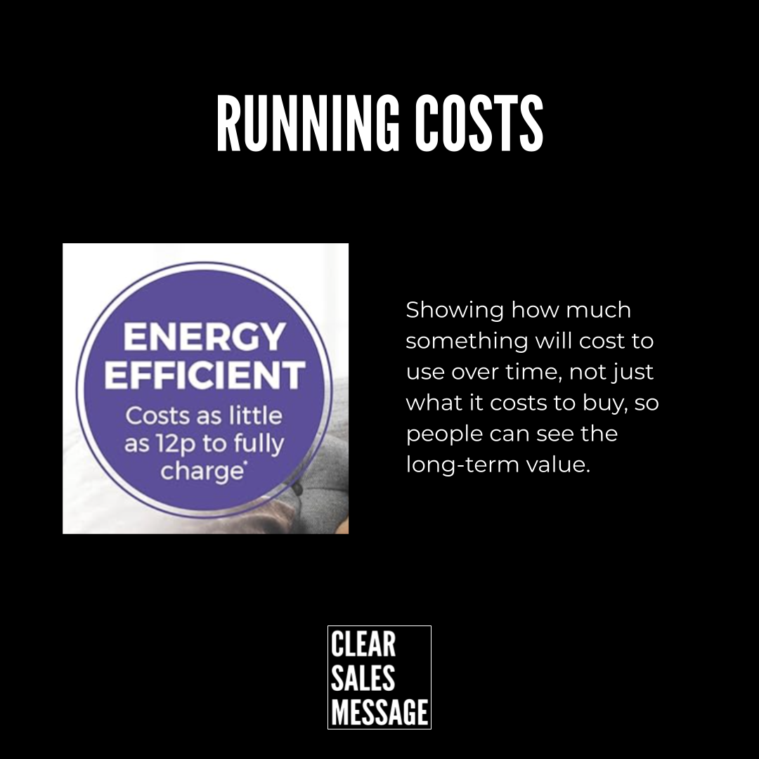 Slide titled running costs with a purple energy efficient sticker on the left and a paragraph on the right about long term costs small clear sales message logo bottom center