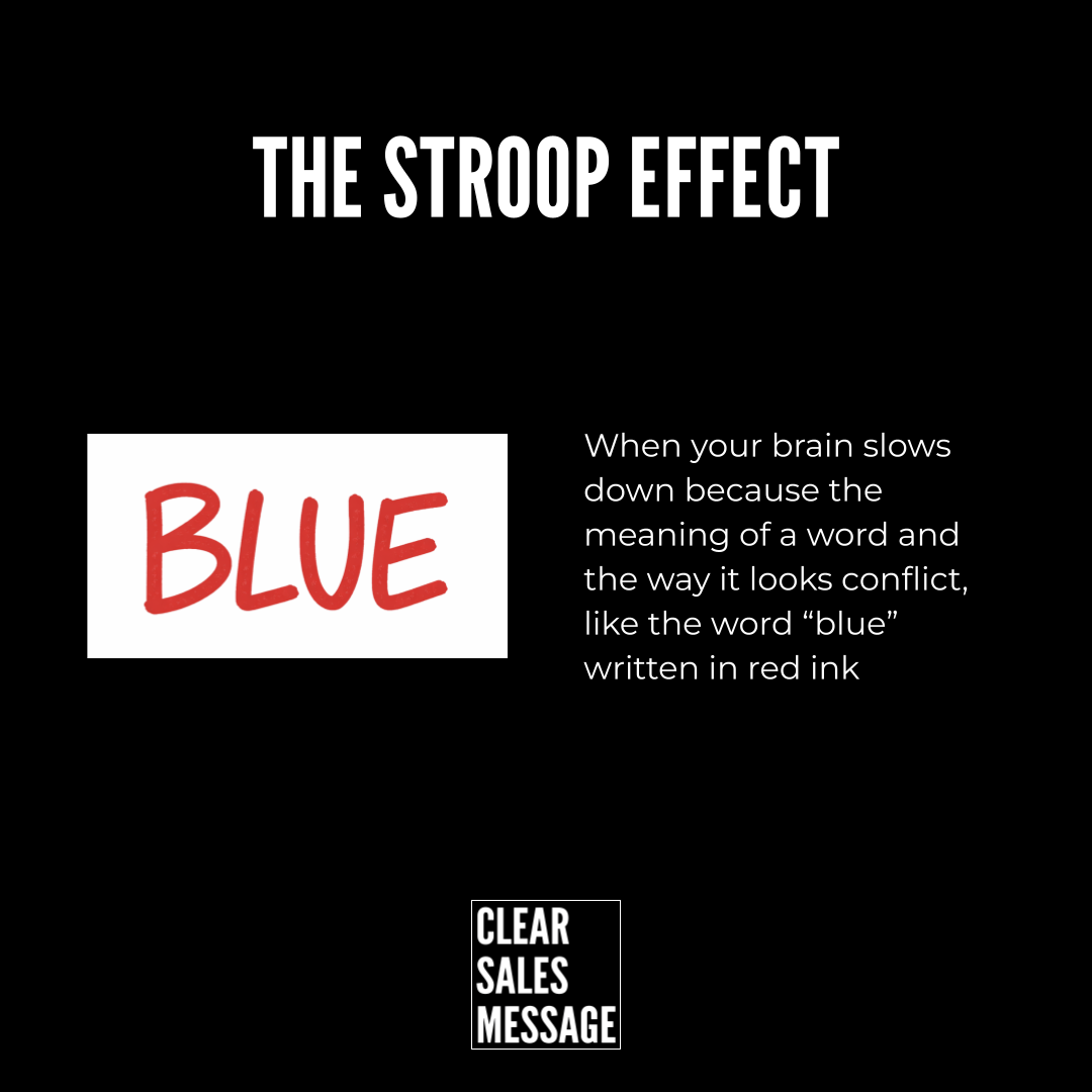 Black slide about the stroop effect a red handwritten word blue on white card left explanatory text on the right small clear sales message logo at bottom