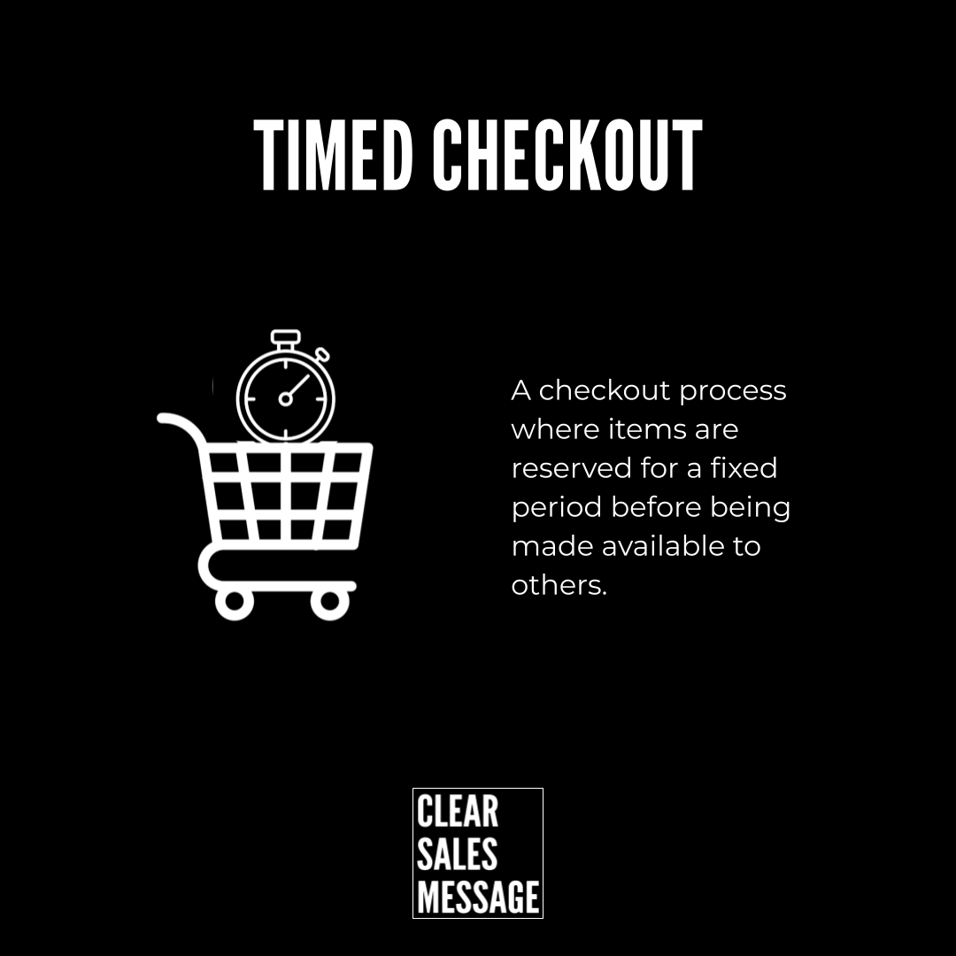 Timed checkout timed checkout title with a stopwatch in a shopping cart right side text explains reserving items for a fixed period clear sales message logo at bottom