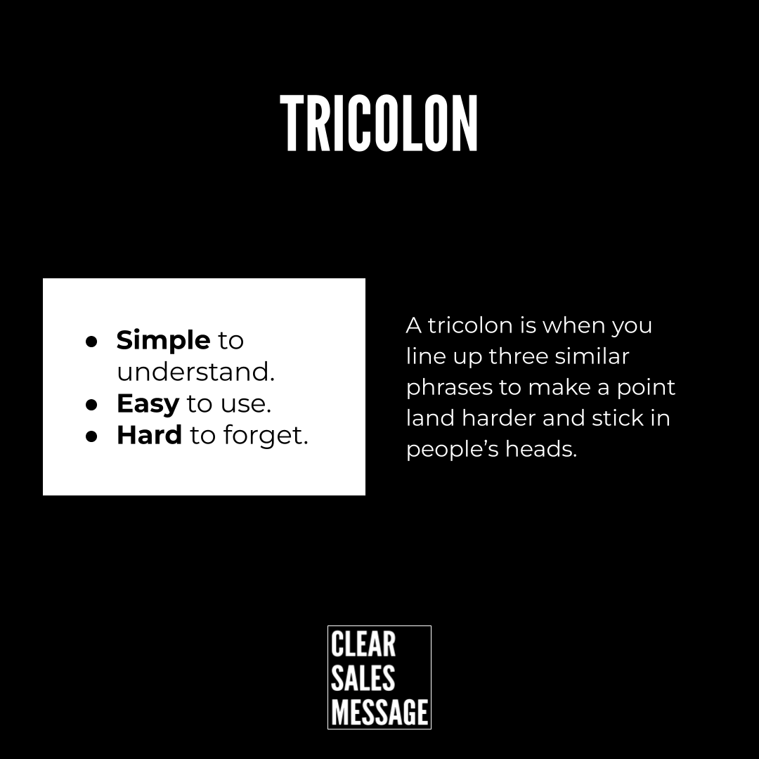 Title slide reading tricolon with a two column layout left white card listing simple to understand easy to use hard to forget right explanatory text about tricolon
