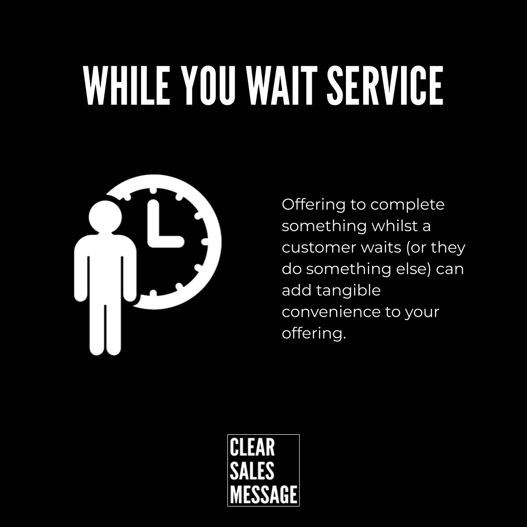 While you wait service slide person with clock icon on left explanatory text on right clear sales message logo bottom