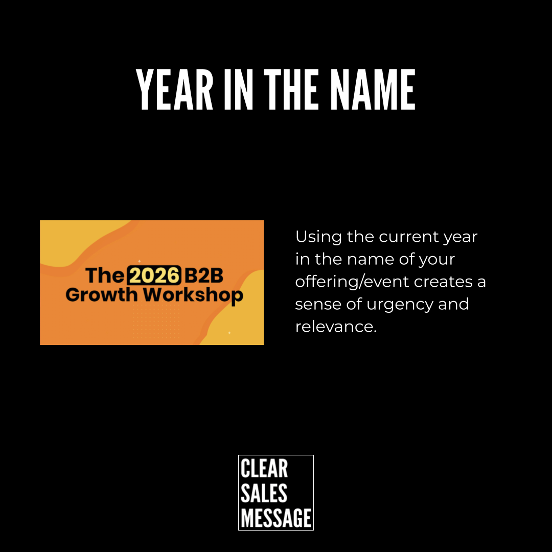 Black background with a large year in the name headline orange the 2026 b2b growth workshop card on the left explanatory text on the right small clear sales message badge at the bottom