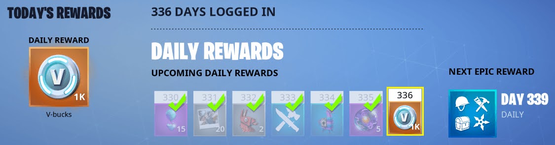 Rewards dashboard 336 days logged in upcoming daily rewards icons next epic reward day 339