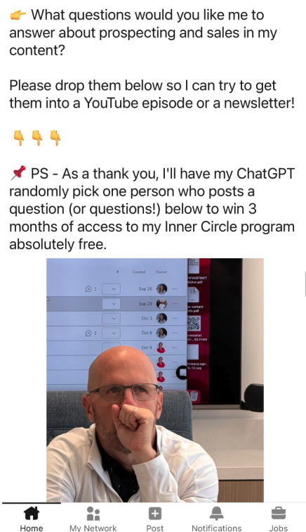 Linkedin question prize draw example used to spark audience conversations
