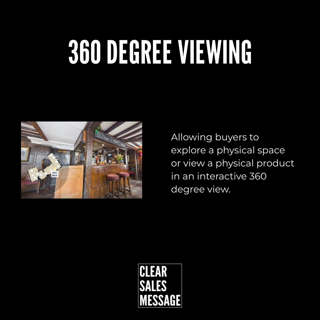 Banner promoting 360 degree viewing bar interior image on the left with text about interactive space exploration on the right