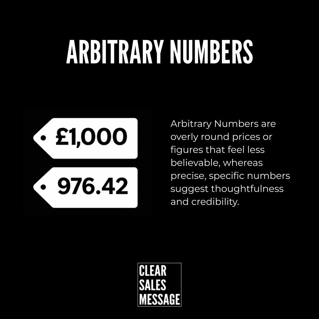 Arbitrary numbers Black slide with the title arbitrary numbers two white price tag icons showing £1000 and 976 42 and explanatory text on arbitrary numbers plus a small clear sales message logo at the bottom